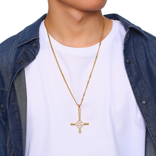 Halskette Anhänger Umgedreht Kreuz Pentagram Satan Punk Edelstahl 62cm Kette - Bild 11 von 15