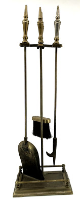 Vintage Pointed Handles Geometric Base 4-Piece Bronze Finish Fireplace Tool Set