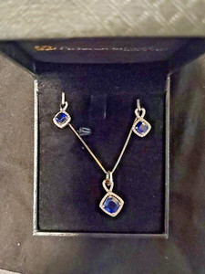 Stunning Blue & White Cubic Zirconia Pendant + Earrings Set in Sterling Silver