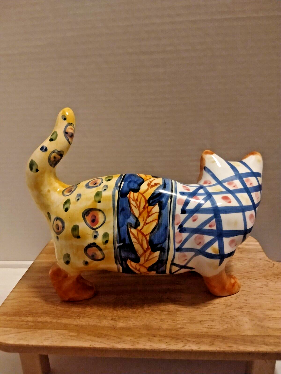 VINTAGE Cat Figurine Bella Casa Ganz Hand-Painted Floral Leaves