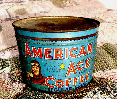 WW2 ERA 1LB VINTAGE AMERICAN ACE COFFEE TIN CAN LITHO FIGHTER