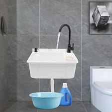 Wall-Mounted Utility Sink with Soap Dispenser, Modern White Basin