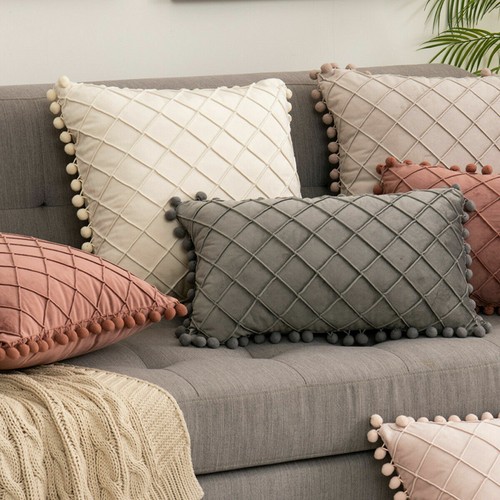 Bommeln Samt Weich Kissenbezug Karos Überwurf Kissenbezüge Sofa Wohndeko - Bild 12 von 36