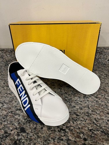 Fendi White Leather Low Top Fendi Logo Print Blue SZ 11 Sneakers - SAL 325571 - Picture 5 of 11