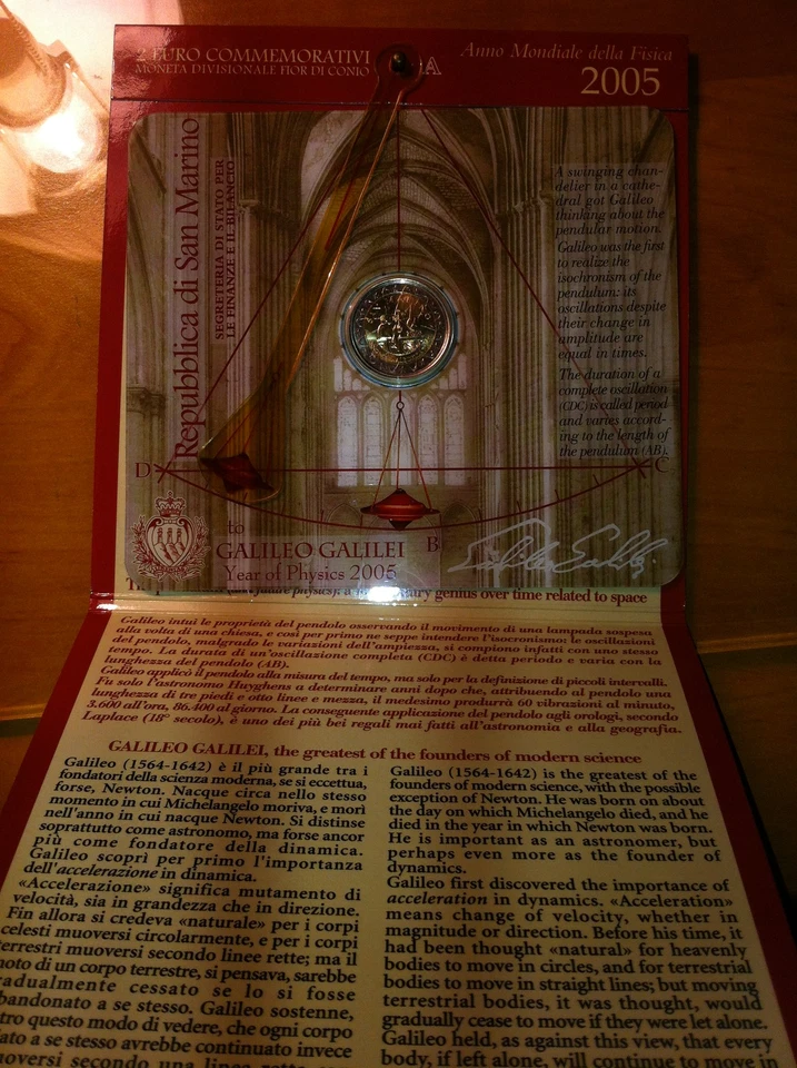 BLISTER 2 EURO SAINT MARIN 2005 GALILEE AVEC PENDULE COMMEMORATIVE NEUF - Photo 1/1