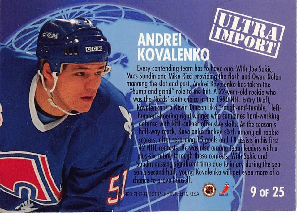 1992-93 Ultra Imports #9 Andrei Kovalenko - Image 2 of 2