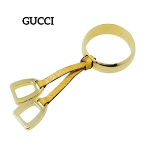 Bague écharpe GUCCI cuir marron doré breloque laiton plaqué or unisexe