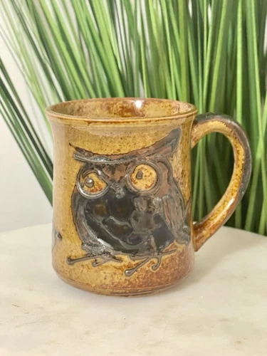 Vintage Art Pottery Owl Mug Brown High Gloss Glaze Ceramic Cup Handmade