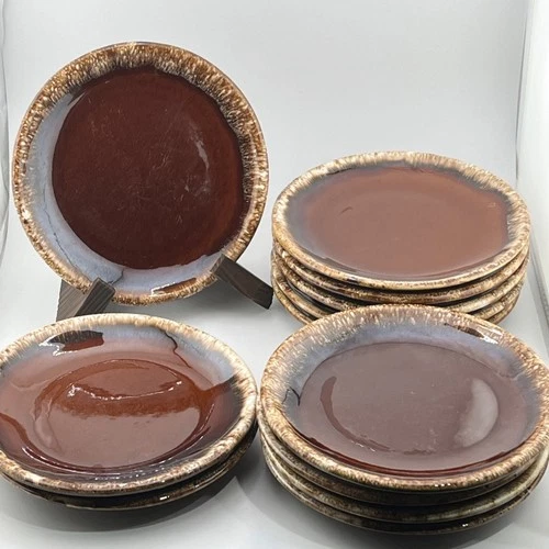 12 Hull Oven Proof USA Brown Drip 6.75” Salad Dessert Plates Vintage MCM Vintage