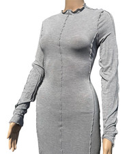 Gray Knit Long Sleeve Midi Bodycon Dress Crew Neck Ruffle Raw Edge