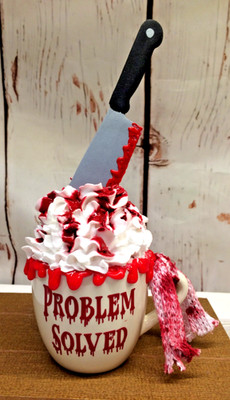 Halloween Slasher Bloody Knife Problem Solved Fake Bake Whipped Cream Mug
