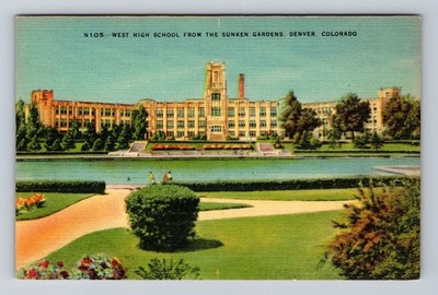 Denver CO-Colorado, West High School, Sunken Garden, Antique Vintage Postcard