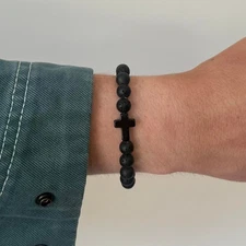 Y2K Black Lava Stone Cross Bracelet Unisex Stretch Minimalist Beaded Accessory