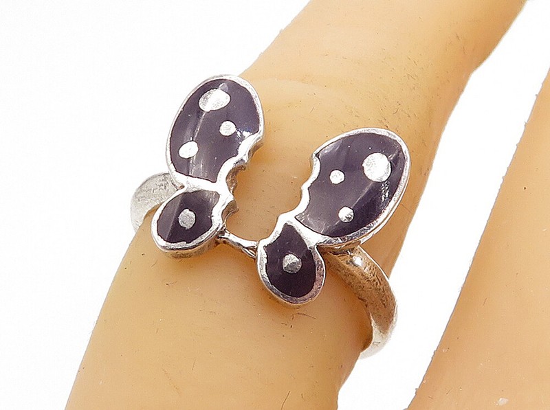 925 Sterling Silver  Vintage Enamel Coated Butterfly Band Ring Sz 6.5  RG3762