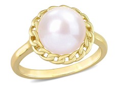 9mm White Freshwater Pearl Ring Yellow Plated Sterling Silver
