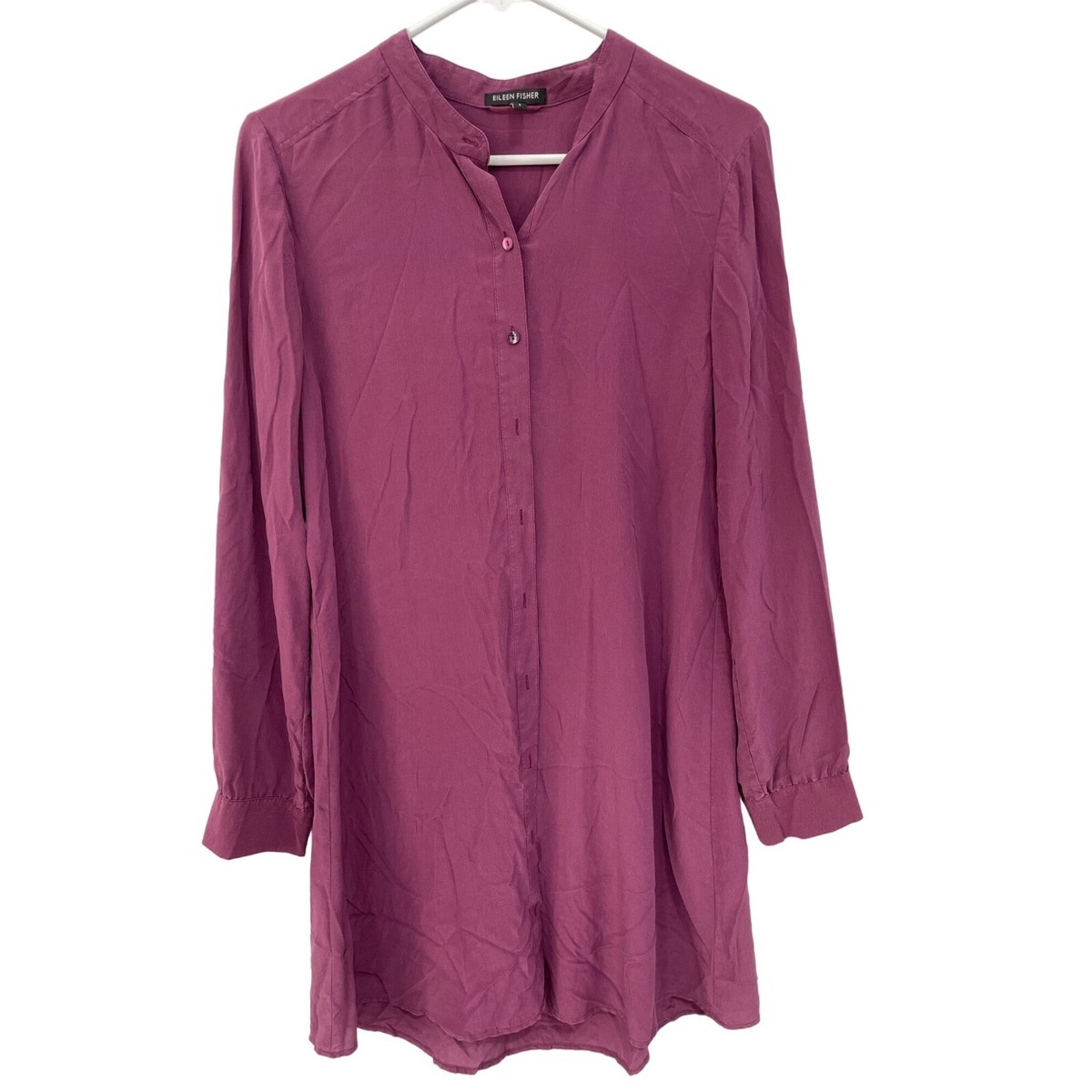 Eileen Fisher Silk Button Front Long Sleeve Shirt Dress Womens