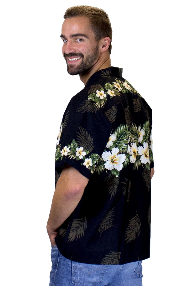 KY's Original Camisa Hawaiana Hibisco Amarillo Impresión en el Pecho Negro