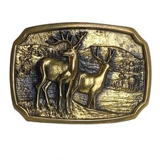 VTG BTS Deer Belt Buckle Antlers Solid Brass 3.25 x 2.25