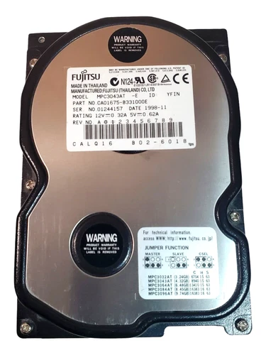 FUJITSU 4.3GB IDE HDD, MPC3043AT -E ID: YFIN, CA01675-B331000E, DATE 1999-01