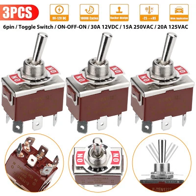 WOWPARTSPRO 3Pcs 6 Pin Toggle Switch Heavy Duty 20A 125V/15A 250V Car Boat DPDT ON-OFF-ON