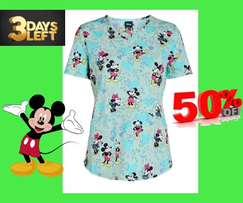 Scrubstar Women's SIZE M- Mickey and Minnie Print V-Neck Scrub Top NEW - Picture 1 of 16