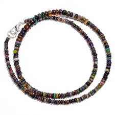 32.95 Ct. Natural Fire Black Ethiopian Opal Smooth Beads Necklace 16" A-1905