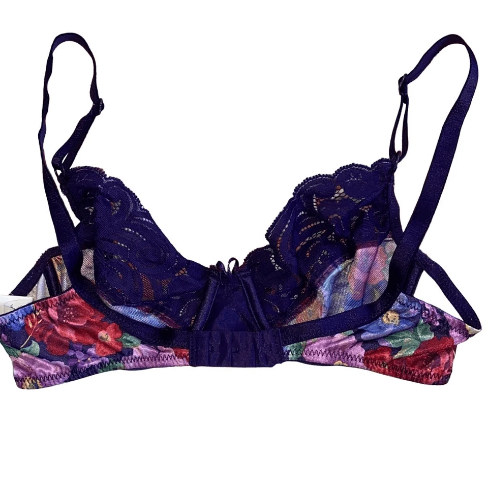 Sujetador De Colección Vanity Fair Años 80 Usado en Excelente Condición Púrpura Floral Encaje Colorido Dopamina 34B Foto 2 de 4