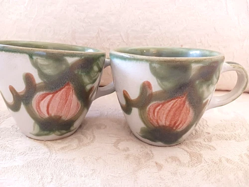 Pair Vtg John B Taylor Louisville Stoneware Harvest Pear Coffee Tea Mugs or Cups