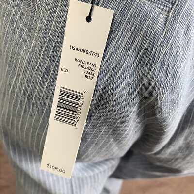 NEW T Tahari Women's Ivana Linen Pin Striped Belted Blue Trousers