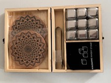 Whiskey Stones Gift Set 9 Piece Luxury Wooden Box Chilling Rocks Ice Cubes Serve