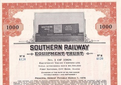 1968 Southern Railway Equipment Trust Certificate - railroad stock bond
