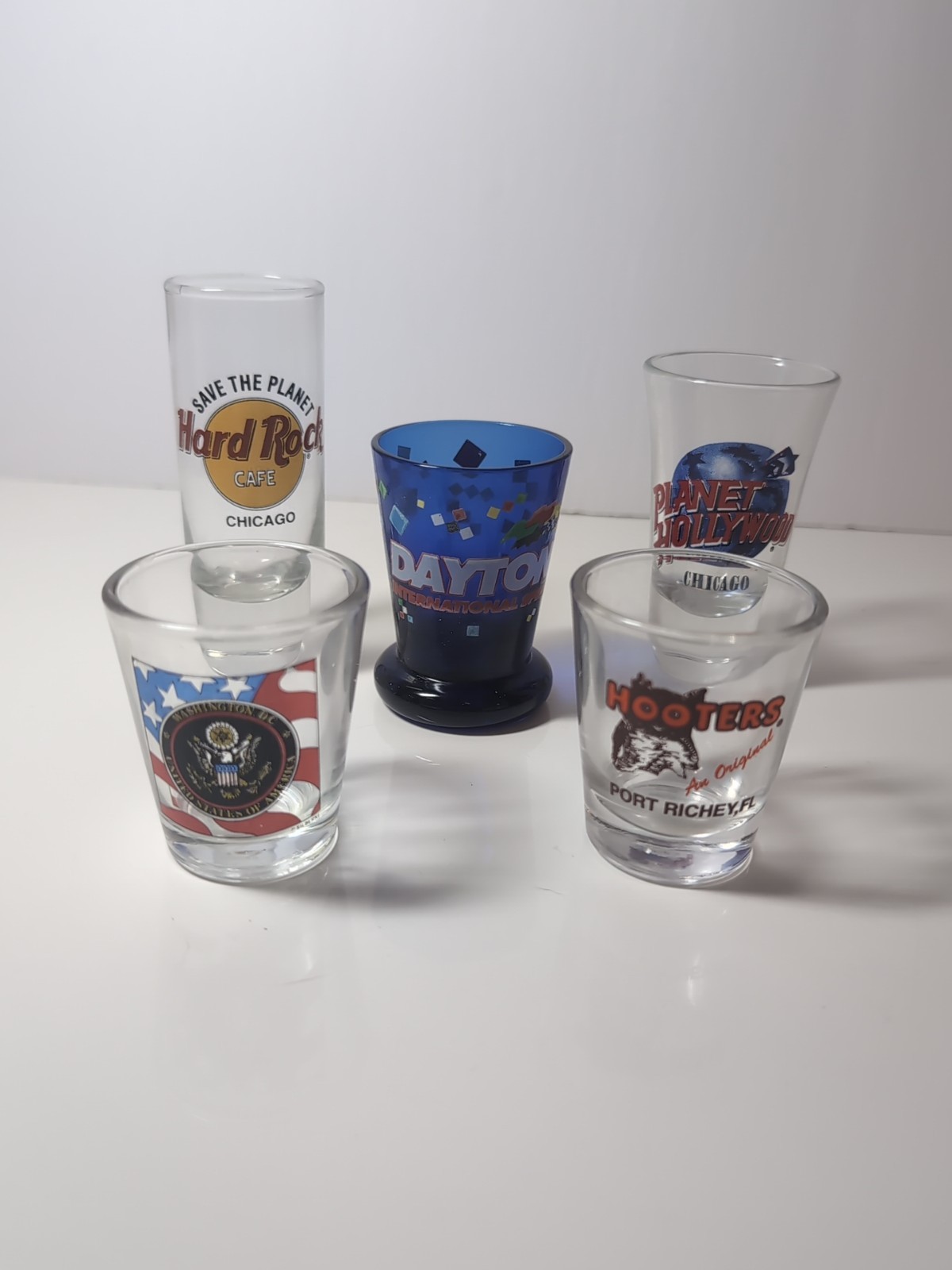 Vintage Collectible Shot Glasses Hooters Hard Rock Daytona Planet Hollywood Washington DC  