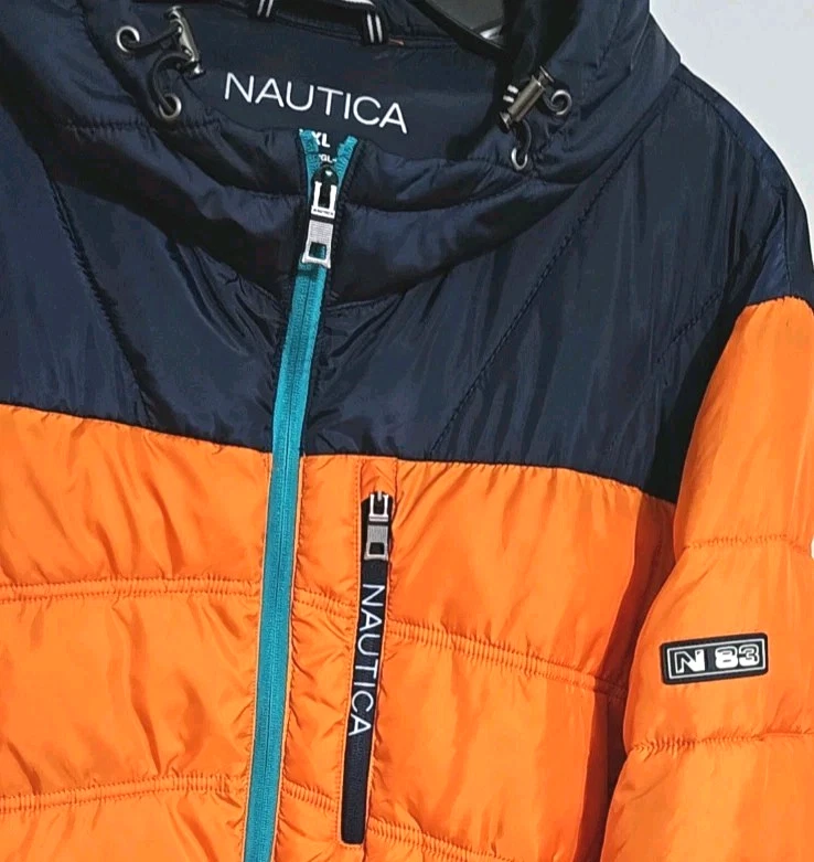 NAUTICA Men's XXL Water Wind Resistant Puffer Jacket N-83 2XL Orange/Navy - product detail image 1