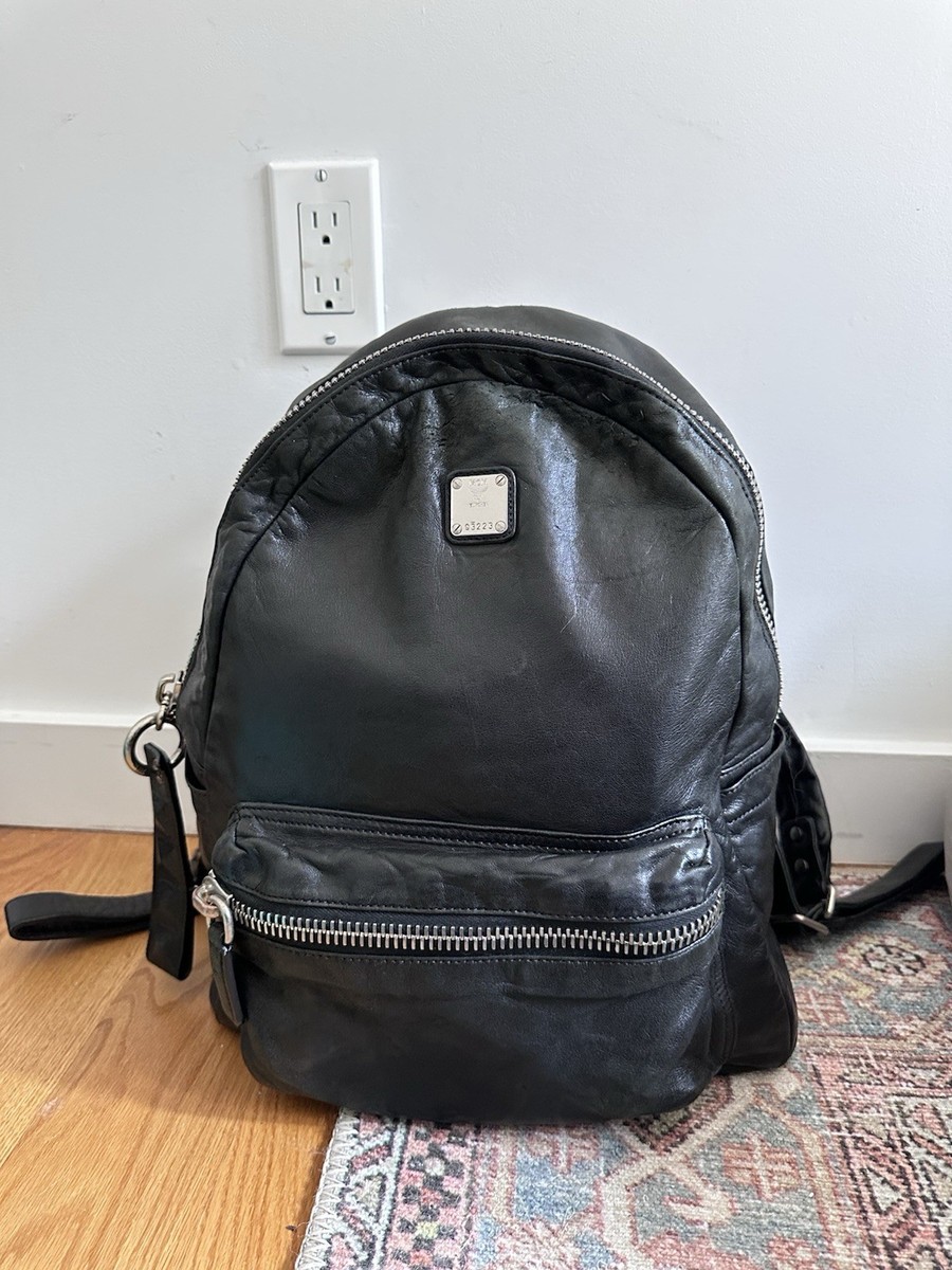 MCM Large Black Leather Backpack with Metal Logo Plate