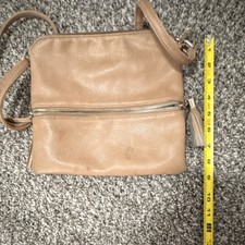 Tan Shoulder Bag with Zipper, Tassel Accent, Silver Hardware, Striped Lining