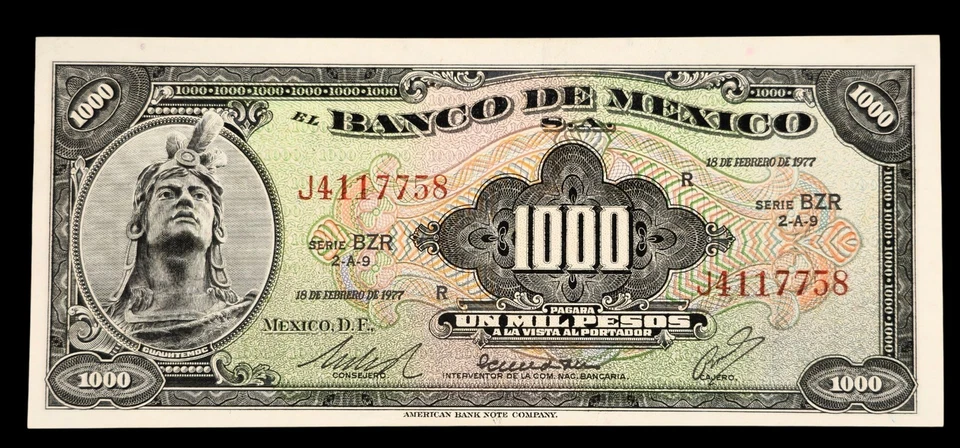 🇲🇽 1977 年墨西哥 1000 比索钞票、Cuauhtemoc、Chichen-itza 金字塔 — 第 2/3 张图片