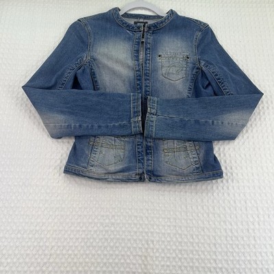 Mexx Denim Jacket Women s Size 2 Blue Stretch Collarless Zip Front Fitted