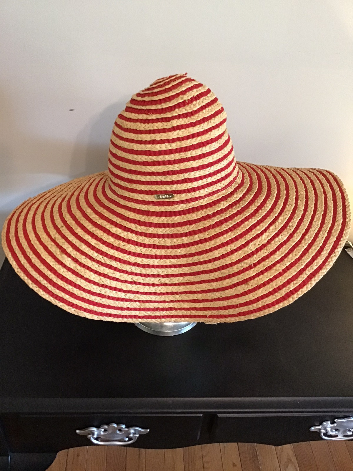 Calvin Klein Striped Floppy Beach Straw Sun Hat wide brimmed