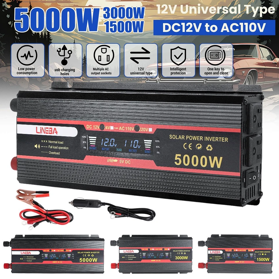 7000W 5000W 3000W Sine Power Inverter DC 12V 24V to 110V Converter Digital LCD - Image 4 of 4