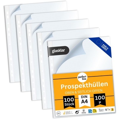 perfect line 100 Prospekthüllen A4 Typ L 100µ glasklar seitlich offen NEU OVP