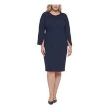 Calvin Klein Navy Blue Long Split Sleeve Stretch Crepe Sheath Dress Size 14