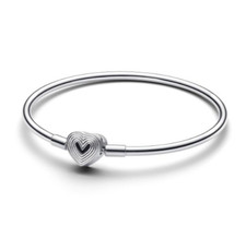 Pandora Moments Sterling Silver Bangle Bracelet w/ Heart Clasp: Woman Jewlery