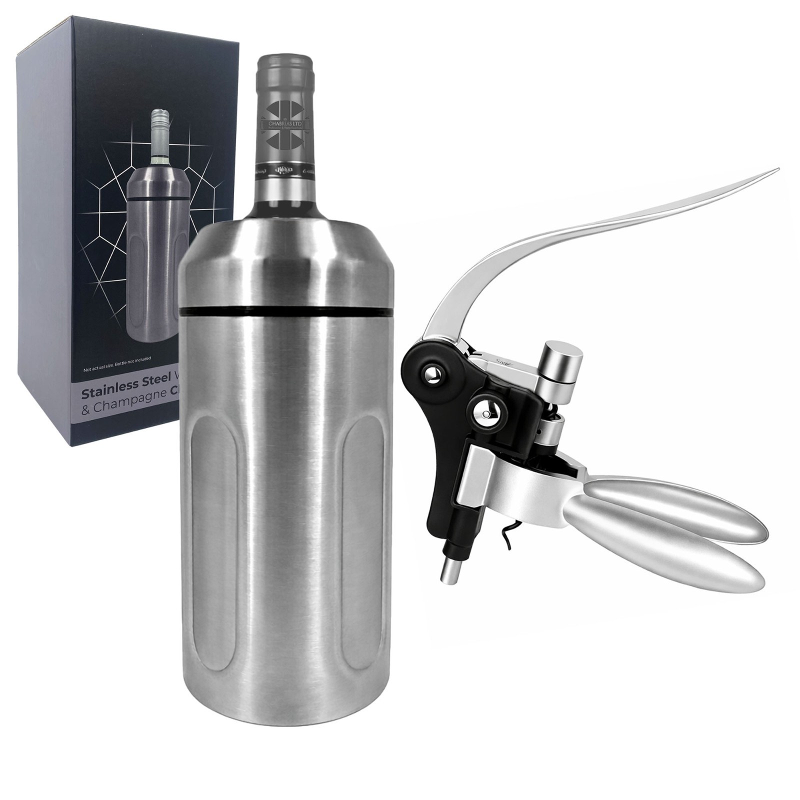 Iceless Wine Cooler & Corkscrew Bottle Opener Set, Stainless Steel Wine Chiller
