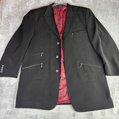 Blu Martini Blazer Mens 46 Black Red Paisley Lining Zipper Pockets Fashion Coat