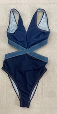 Cupshe x Jojo Fletcher One Piece Swimsuit Womens M Blue Denim Stretch Cutout NWT