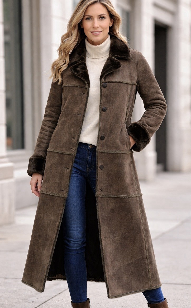 Brandon Thomas Genuine Shearling Sheepskin Leather Long Coat