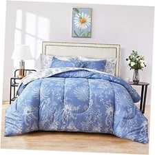 Floral Rversible Comforter Set King Size, Botanical Pattern King 102x88 Blue