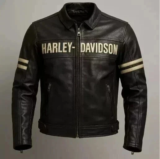Mens Harley Black Leather Motorcycle Jacket Real Cowhide Biker Style Riding Coat