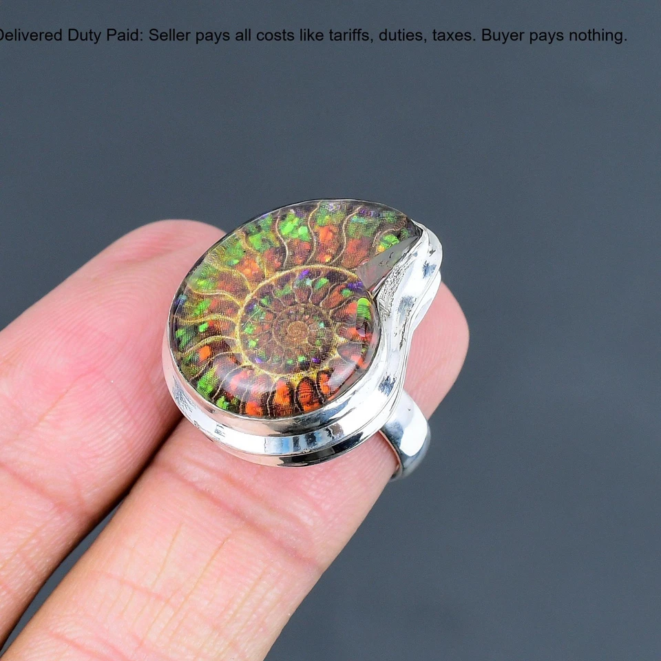 Anel bisel promessa pedra preciosa fóssil amolita pera prata esterlina 925 - Imagem 4 de 4