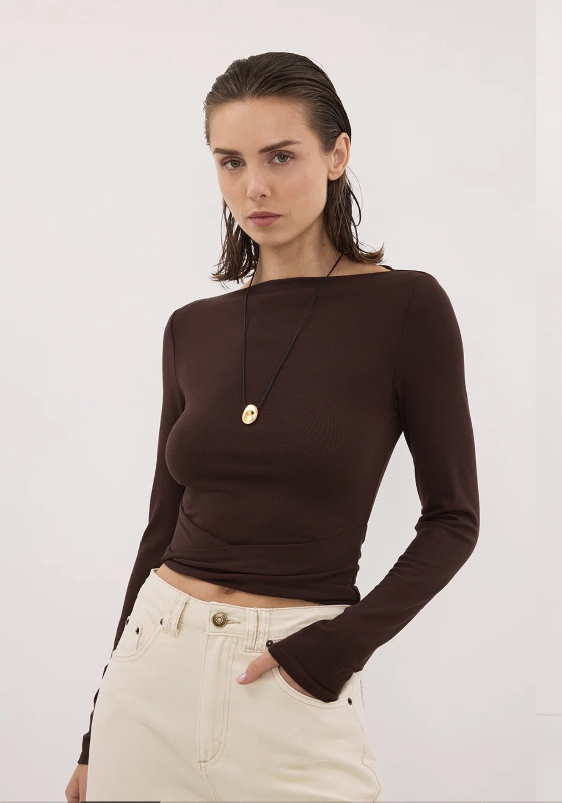 DISSH HADLEY Chocolate Long Sleeve Twist Top L